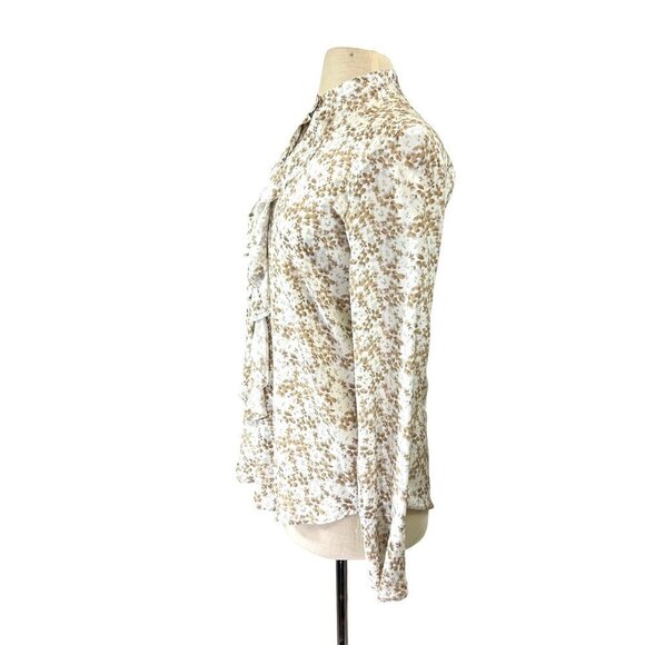 Karl Reiman Blouse Womens Size 4 White/Tan Silk Floral Ruffle Button Down Soft - Picture 2 of 7